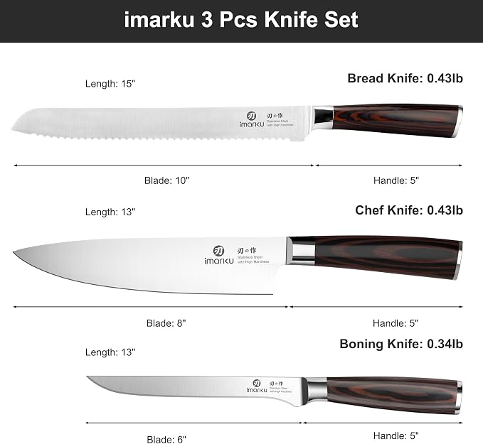 imarku Knife Set, 3 Piece Japanese High Carbon Stainless Steel | Razor Sharp 8 inch Chef Knife, 10 inch Bread Knife and 6 inch Boning Knife for Meat, Bread, Vegetables and Kitchen Prep