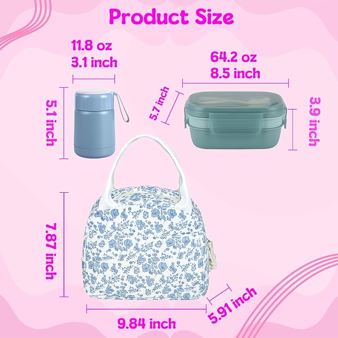 Bento Lunch Box Set for Women, with 12oz Soup Thermo, with Leak-Proof Food Containers, Insulated Lunch Bag for Girls for Travel Picnic