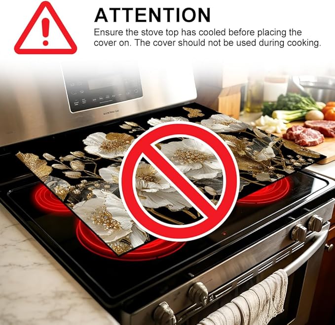 Stove Top Cover for Electric Stove 28.4 x 20.5 Inch Non Slip Stove Mat Oil Proof White Gold Floral Glass Cooktop Protector Kitchen Counter Mat