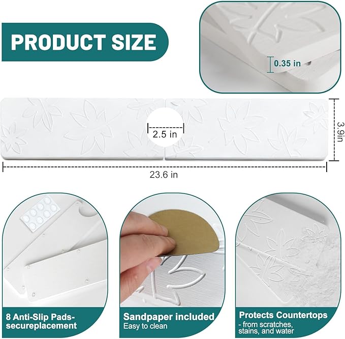 Hopegiver Stone Faucet Mat for Kitchen Sink - Fast Drying Diatomite Sink Protector Prevent Moisture, Super Water Absorbing Stone Tray for Kitchen & Bathroom Counter (White Maple Leaf, 23.6"x3.9")