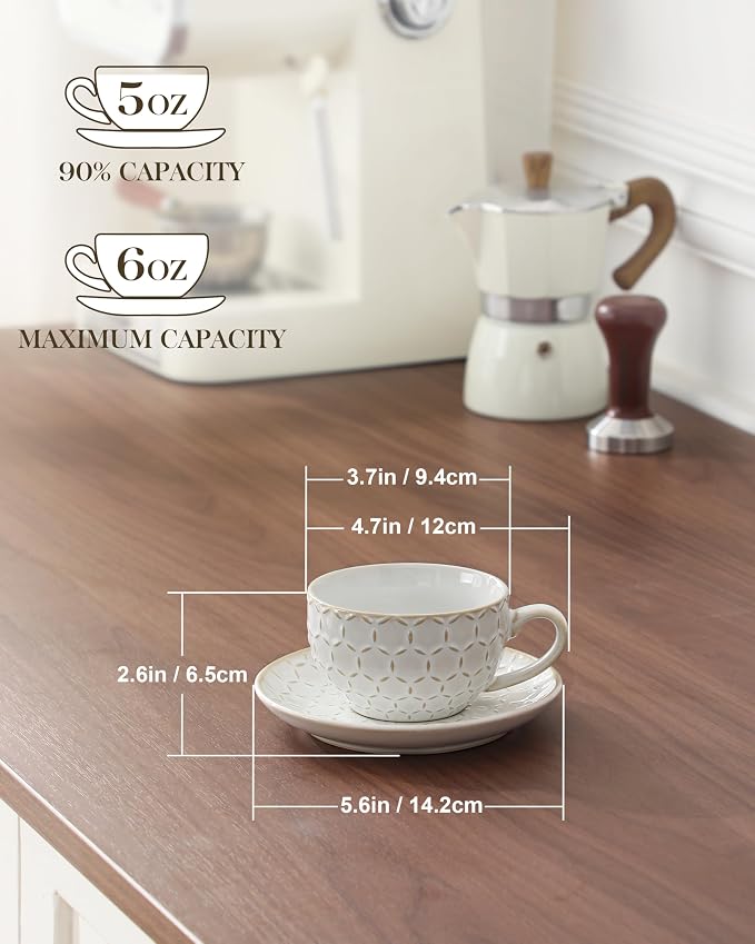 MALACASA 6 OZ Cappuccino Cups with Saucers Set of 4 - Ceramic Stackable Tea Cups and Saucers, Embossment Coffee Mugs for Tea, Latte and Mocha, Dishwasher Safe, Arctic white, LYDIA Series