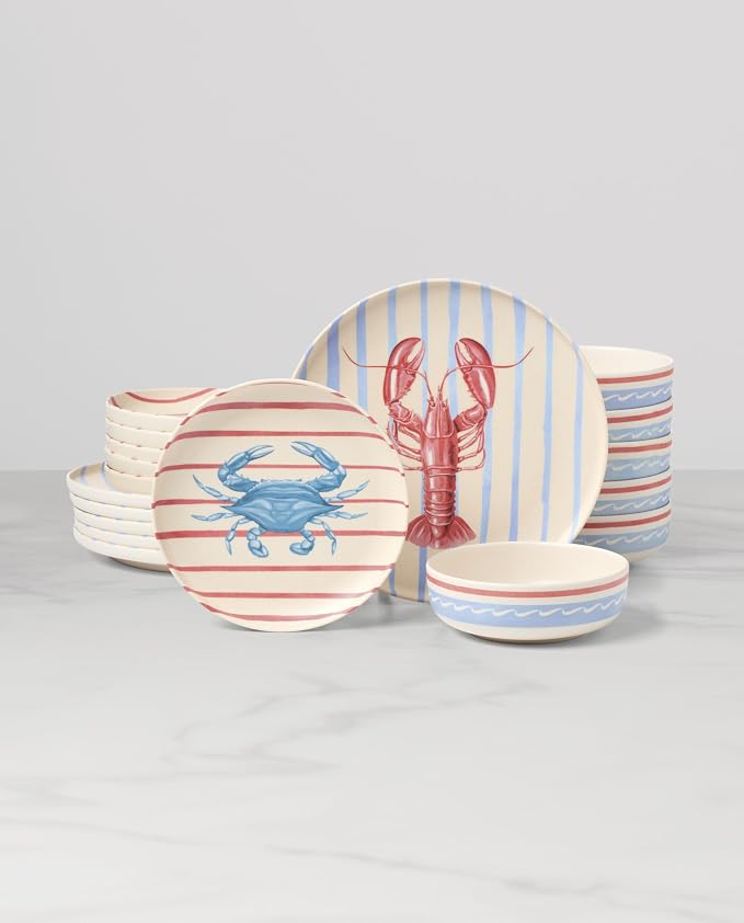 Oneida Dinnerware Sets, 24 Seven Melamine Wharfside 18-Piece Dinnerware Set, Set for 6, Service For 6, Melamine Material, Dishwasher Safe, Plates And Bowls, Dinner Dishes, Kitchen (Assorted, 18 Piece)