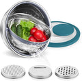 E-far Colander with Mixing Bowl Set, 4-1 Stainless Steel Colander Strainers Bowl with Graters for Kitchen, Rotatable Food Strainer Bowl for Rinsing Fruits Vegetables/Draining Pasta - Blue
