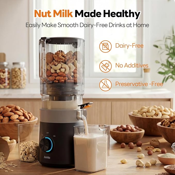 Aeitto 3-in-1 Cold Press Juicer for Juice, Nut Milk & Sorbet – Filter-Free Design for Effortless Cleaning, 6.0" Extra Large Chute Fits Whole Fruits & Vegetables, Juicer Machines High Yield, With Brush