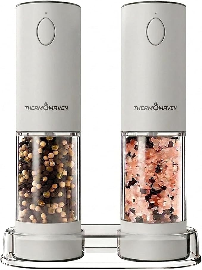 ThermoMaven Electric Salt and Pepper Grinder Set, 110ml Larger Rechargeable Automatic Salt and Pepper Mill Grinder with 6 Adjustable Coarseness, Electric Salt and Pepper Shakers, LED, White Sand