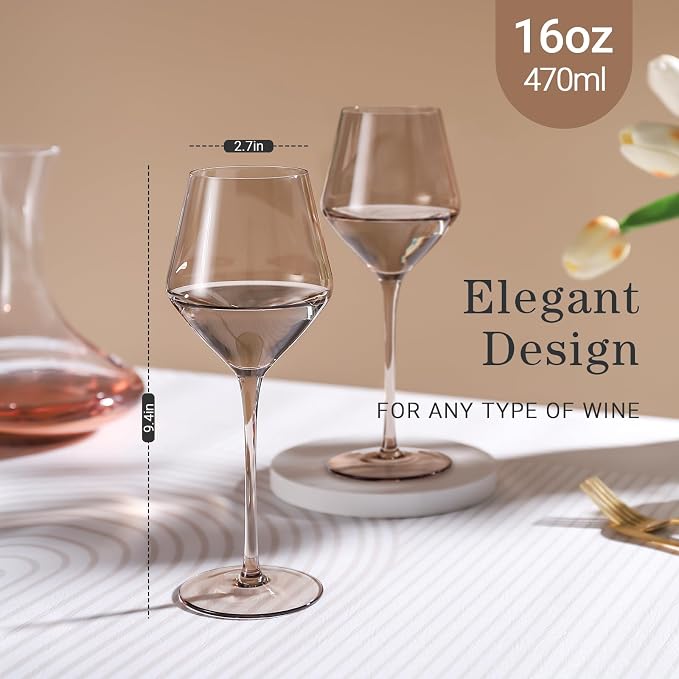 Smokey Sand Wine Glasses Set 6-16oz, Long Stem, Universal Size for White and Red Wine - Hand Blown Smoky Amber Brown Neutral Stemware for Home,Party