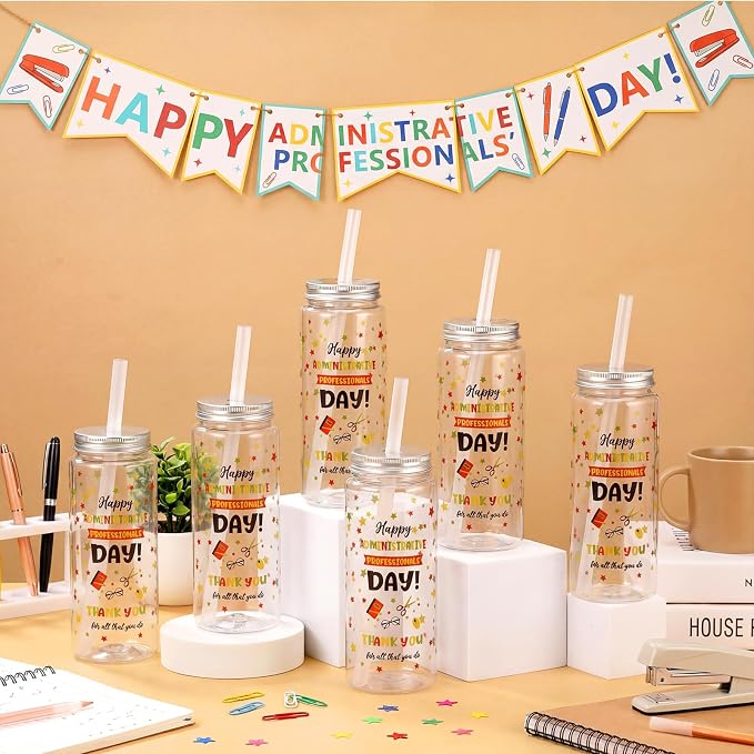 Skylety 24 Pcs Administrative Professional Day Appreciation Gifts 14 oz Plastic Cup with Lids and Straw Admin Assistant Gifts for Office Secretary Employee Coworker Retirement