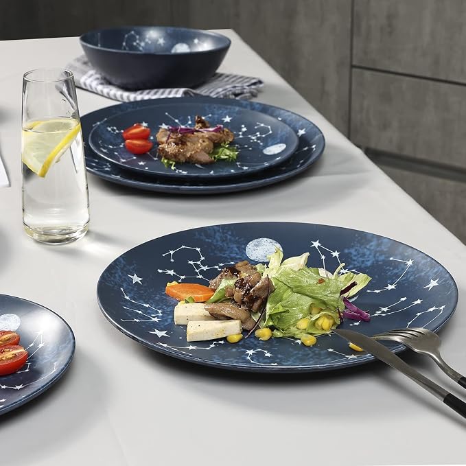 12 Piece Melamine Dinnerware Sets for 4 - Starry Pattern Camping Dishes Set for Indoor and Outdoor Use, Dishwasher Safe Plates and Bowls Sets, Dark Blue | Plates and Bowls Set Service for 4,Camping Dishes Set for Indoor Dining, Picnics, and Entertainin...