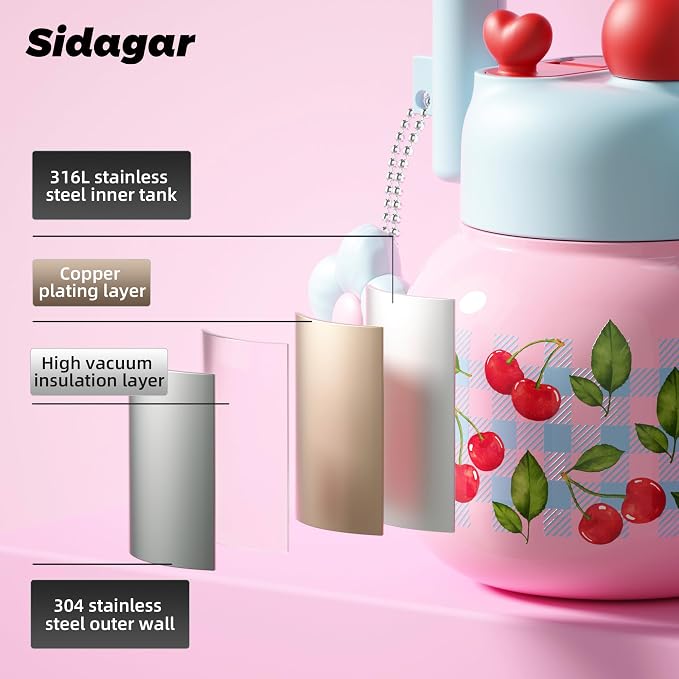 22 oz Tumbler with Straw and Carry Handle, Wide Mouth Insulated Stainless Steel Travel Water Bottle, Aesthetic Gingham Pink & Blue Water Flask for School, Vintage Cottagecore Gift for Girls