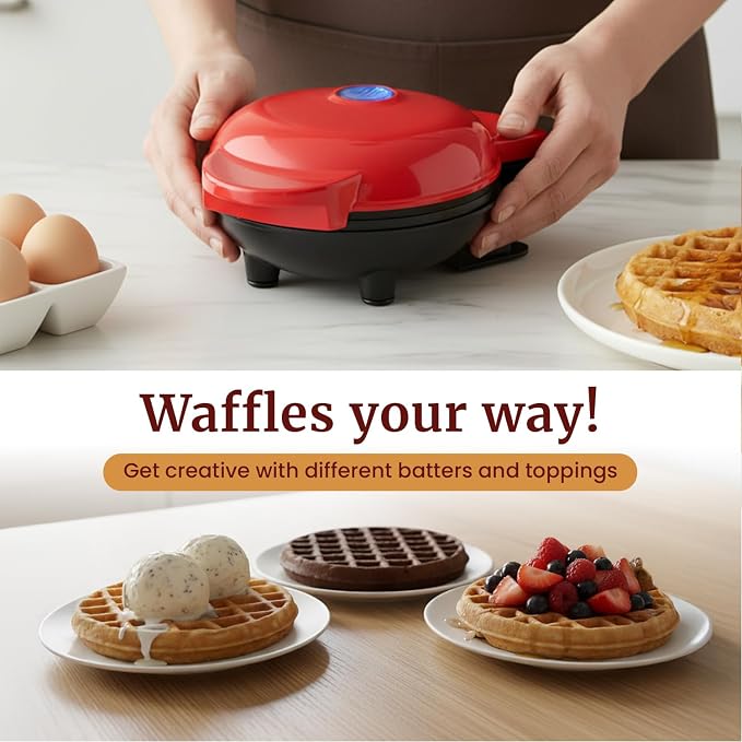 Elite Gourmet EWM015R Electric Nonstick 4.5" Cooking Surface Mini Waffle Maker, Belgian Waffles, Compact Design, Hash Browns, Keto, Snacks, Sandwich, Eggs, Easy to Clean, Red