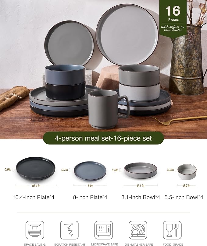 Famiware Nebula Ridge Stoneware Dinnerware Sets with Pasta Bowls, Plates and Bowls Sets, Service for 4 (16 Pieces), Microwave and Dishwasher Safe Kitchen Plates, Multi-color