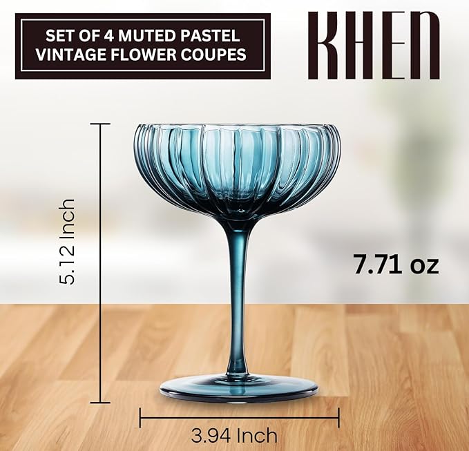 Khen Flower Modern Wavy Glass Coupes Martini, Champagne & Cocktail Coupes - Set of 4-7.7 oz Colorful Cocktail Glasses for Champagne, Prosecco, Mimosa - Copyright Design - Muted Pastel Colors
