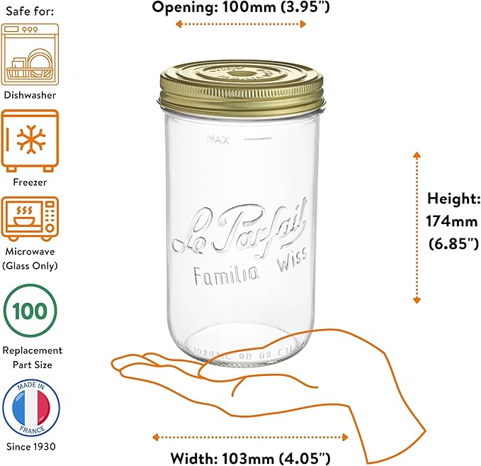 Le Parfait Familia Wiss 32oz (1L) Wide Mouth Glass Canning Jar – 1PK Made in France, Airtight 2-Piece Lid, Reusable Zero Waste & Eco-Friendly for Kitchen Storage, Meal Prep, Fermentation & Baking
