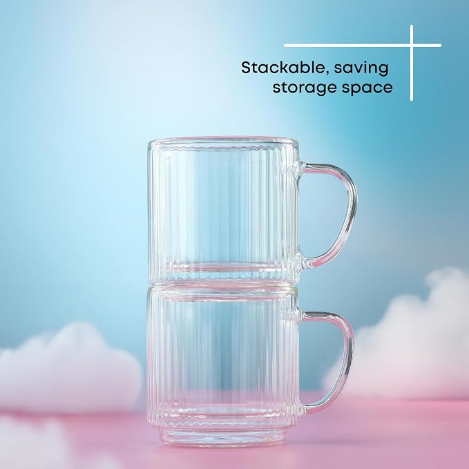 JoyJolt Haven Stackable Fluted Glass Mugs Set of 2, 5.5oz Ribbed Double Wall Glass Coffee Mugs, Stacking Insulated Coffee Cup Set also for Espresso Shot Tea Latte Macchiato Cappuccino