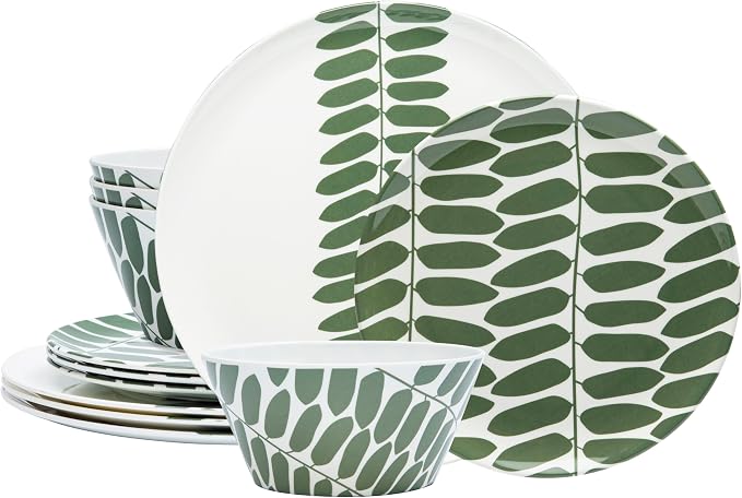 Bzyoo 12-Piece Melamine Dinnerware Set - Leaf | Lightweight, Durable, BPA-Free | Dishwasher Safe Dish Set for Indoor & Outdoor Use - Perfect for Camping, BBQs, Kids