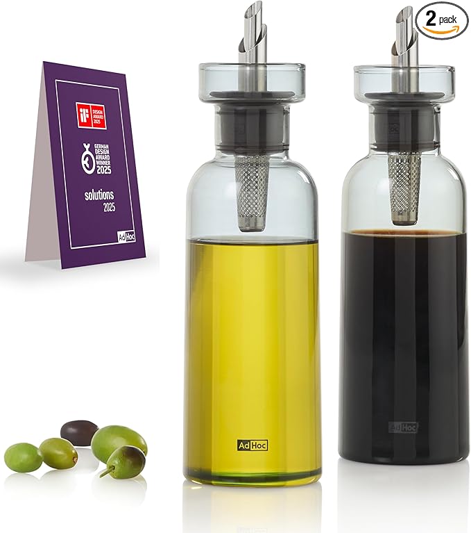 AdHoc AromaPour Oil & Vinegar Dispenser - Reusable, No-Drip Glass Container with Stainless Steel Filter - Dishwasher Safe - 10 oz