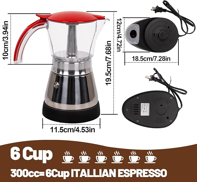 Electric Moka Pot 3-6 Cup 150-300ml Plastic Transparent Stovetop Espresso Maker Portable Stainless Steel Mocha Pot Percolator Italian Coffee Makers Greca Machine Cafe Classic for Home Camping