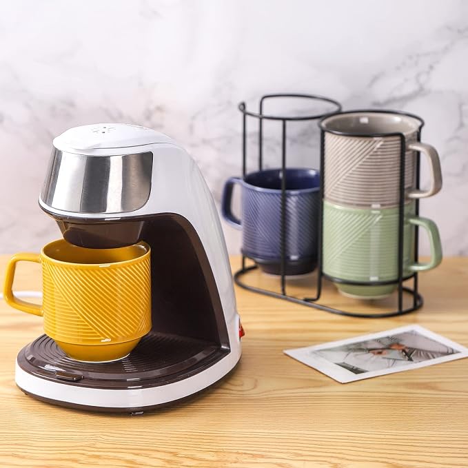 Stackable Coffee Mugs with Rack: 13 oz Stacking Ceramic Cups with Stand for Home & Office- Porcelain Stacked Tea Mug Set of 4