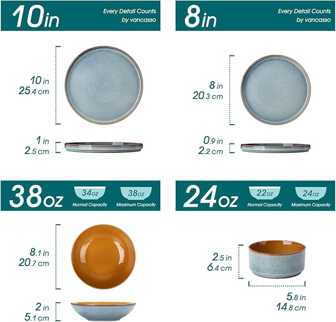 ONION Ceramic Plates and Bowls Sets for 6, 24 Pieces Stoneware Dinnerware Sets for Kitchen, Reactive Glaze Dish Set, Dishwasher and Microwave Safe, Light Blue