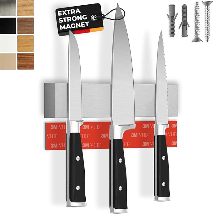 CUCINO Magnetic Knife Holder for Wall 10" No Drilling incl. Self Adhesive Tape - Extra strong Magnet - Awarded Strip - Made of Stainless Steel