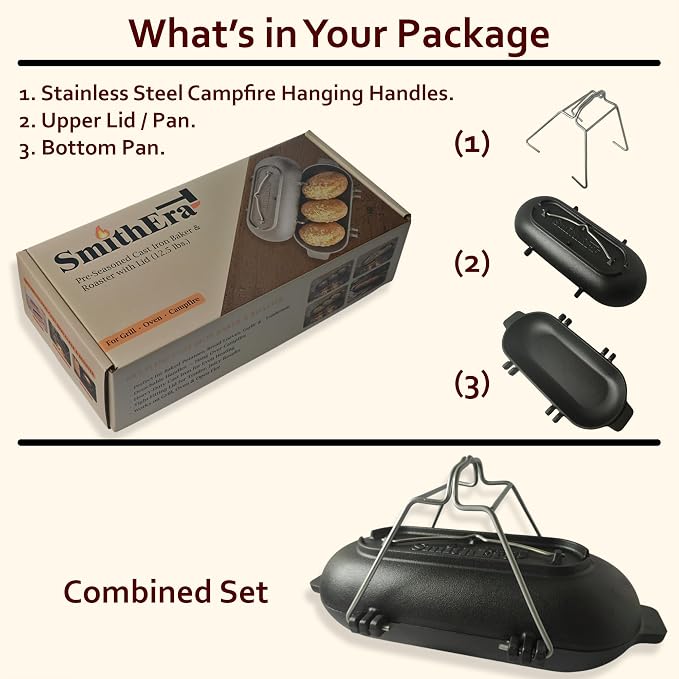 Cast Iron Potato Baker with Lid for Grill, Oven & Campfire | Pre-seasoned raw cast iron, Multi-use sourdough & bread pan, Lid acts as standalone pan, Hanging handles for campfire tripod