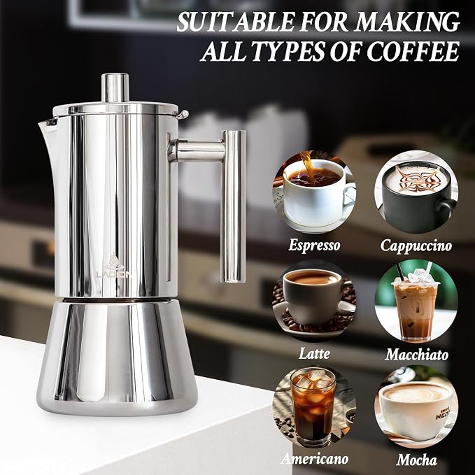 LAOION Stovetop Espresso Maker, 6Cup 10 oz Moka Pot, Stainless Steel Cuban and Italian Coffee Maker for Cafetera Cubana, Greca De Cafe Induction Stovetop Compatible, Coffee Gift for Home Travel