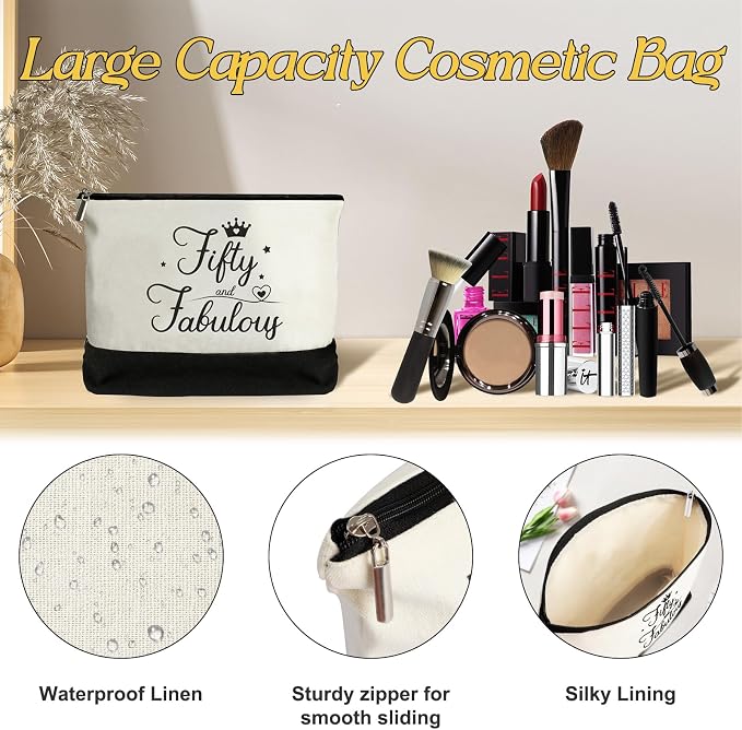 YeohJoy 50th Birthday Gifts for Women 50 and Fabulous Canvas Tote Bag Travel Gear, Unique 50 Years Old Gifts for Wife Sister Mom Aunt Friends Her, Handbag & Cosmetic Bag & 50 Birthday Poster