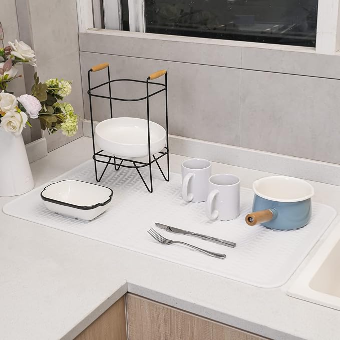 MicoYang Silicone Dish Drying Mat for Multiple Usage,Easy clean,Eco-friendly,Heat-resistant Silicone Mat for Kitchen Counter or Sink,Refrigerator or Drawer Liner White 4XL 32 inches x 18 inches