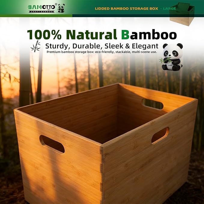 BAMOTTO CRAFTBAMBOO Large 14.6”x10.2”x9.6” Lidded Bamboo Storage Bins - Stackable with Handles, Box/Cube/Basket for Home Kitchen Office, Organize Tableware Toys Crafts Books