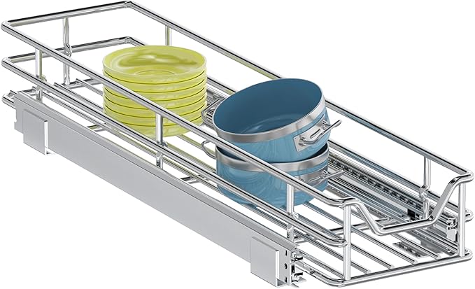 Pull Out Cabinet Organizer, 7.5" W x 21.5" D, Heavy Duty Chrome Slide Out Shelf for Narrow Base Cabinets, Sliding Wire Basket Drawer for Spices, Bottles, Snacks & Cleaning Supplies