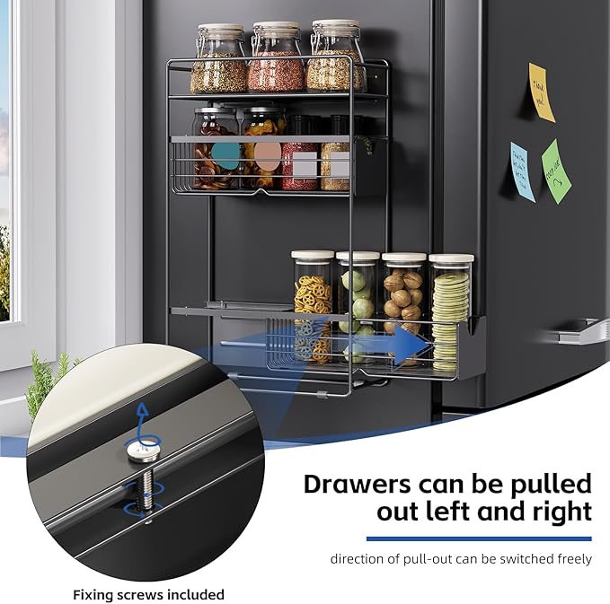 CABTE 3 Tier Magnetic Shelves for Washing Machine with Pull Out Metal Drawer,Magnetic Spice Rack for Fridge,Magnetic Rack with no Installation, Versatile Storage Organizers for Home (Black, 3 Tier)