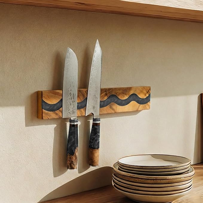 Wooden Magnetic Knife Holder with Black Resin for Wall, Wall Mounted Farmhouse Bar Kitchen Knives Organizer, Untensil Bar Storage and Spice Rack, 16 Inch