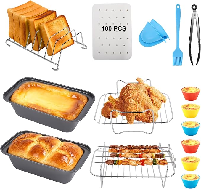 Air Fryer Accessories, 16pcs Set for Ninja DZ401 DZ201 Foodi Dualzone Air Fryers with 100pcs Air Fryer Liners, 2 Non-Stick Pans, Bread,Toasting,Skewer Racks, Food clip, 6 Cake Cups, 2 Mitts