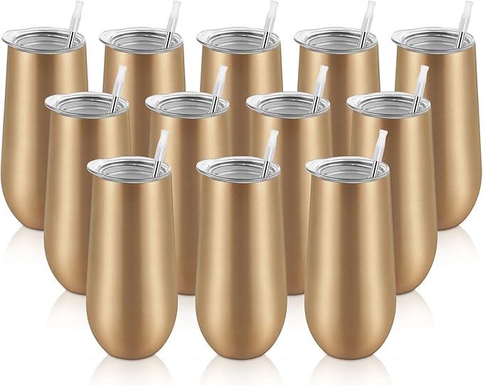 Lifecapido 12 Pack Stemless Champagne Tumblers, 12oz Insulated Stainless Steel Flute Glass for Birthday Party Wedding Christmas (Gold)