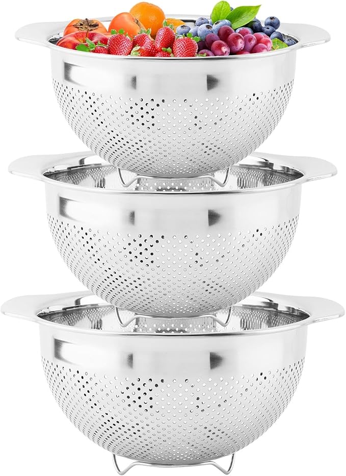 Stainless Steel Colander Set of 3 (2-3-5Quart),Micro-Perforated Colander Strainer with Handle,for Draining Rinsing Washing, Ideal for Pasta Vegetables Fruits,Dishwasher Safe