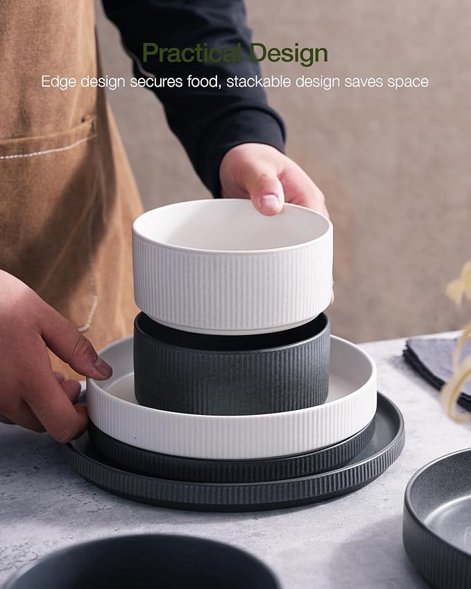 Famiware Star 24-Piece Reactive Glaze Plates and Bowls Sets, Service for 8 - Stoneware Dinnerware Set, High Edge Ribbed Dishes, Chip & Scratch Resistant, Microwave & Dishwasher Safe, White & Black