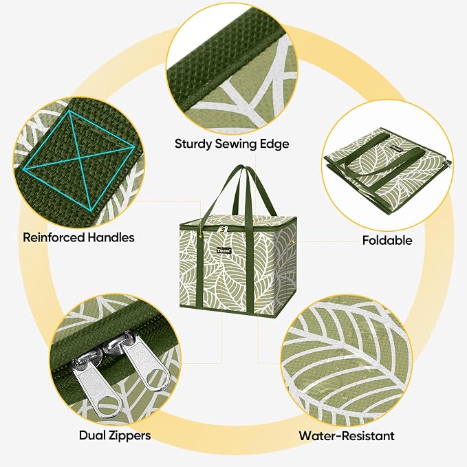 BALEINE 1Pk Insulated Reusable Grocery Bags, Foldable Shopping Bags for Groceries with Reinforced Bottom & Handles (Antique Foliage)