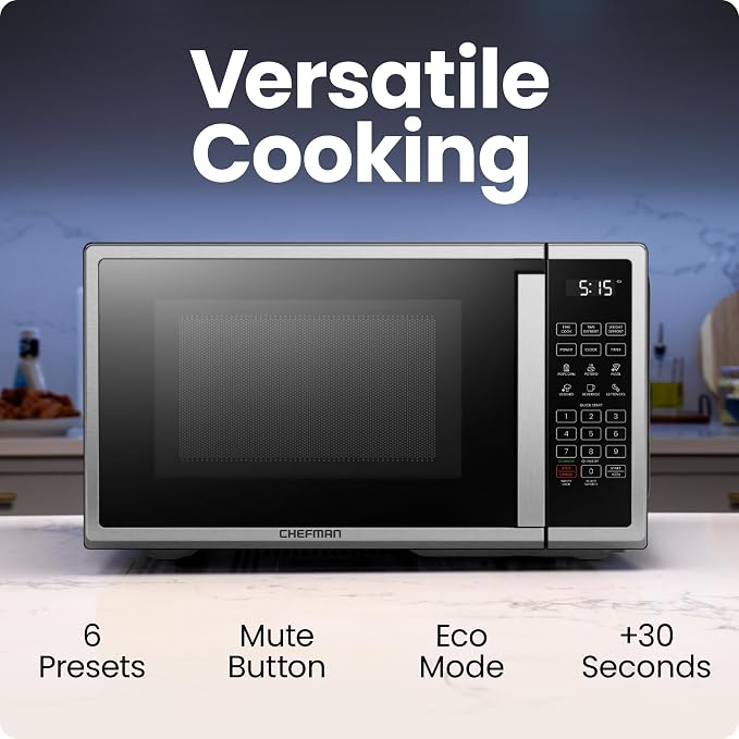 Chefman Countertop Microwave Oven 0.9 Cu. Ft. Digital Stainless Steel Microwave 900 Watt with 6 Presets, Eco Mode, Mute Option, Memory Function, Child Safety Lock, Kitchen, Home, Dorm Essentials