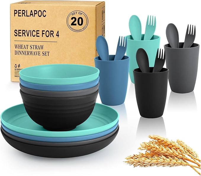 Unbreakable Wheat Straw Dinnerware Set 20 PCS - Kids Plates and Bowls Set for 4,Dishwasher & Microwave Safe Lightweight Toddler Dish Set for Party Camping Kitchen - Calm Tones