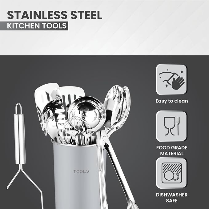 Avador® Premium Set of 10 Stainless Steel (GREY HOLDER) Kitchen Tool Set with Holder Easy To Clean, Space Saving, Great for Cooking, Baking, Prepping (GREY)