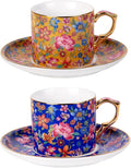 KAMMAK Tea Cups and Saucers Set of 2, Porcelain Coffee Cups, 6oz Stackable Espresso Mugs, Ceramic Demitasse for Coffee, Latte, Americano, Tea (649N+650N)