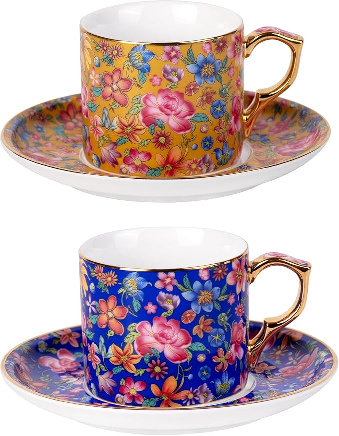 KAMMAK Tea Cups and Saucers Set of 2, Porcelain Coffee Cups, 6oz Stackable Espresso Mugs, Ceramic Demitasse for Coffee, Latte, Americano, Tea (649N+650N)
