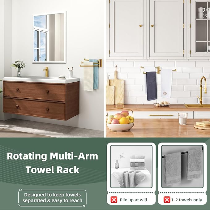 Aomasi Brushed Gold Swivel Towel Rack, 304 Stainless Steel 3-Arm Rotating Bathroom Towel Bar, Rustproof Space-Saving Holder for Kitchen, RV, Laundry Room