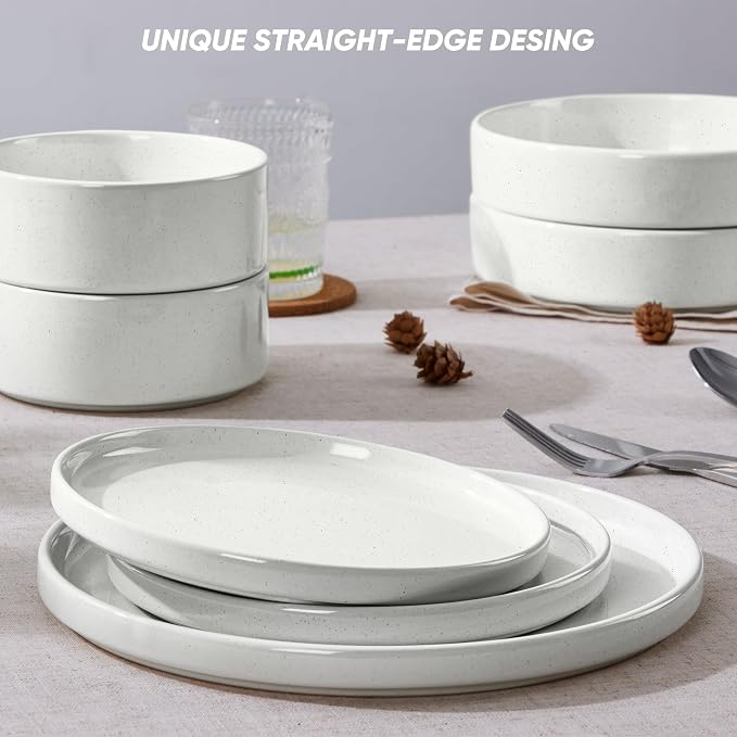 E-far Dinnerware Sets with Pasta Bowls, 24-Piece Stoneware Plates and Bowls Sets for 6 | Microwave & Dishwasher Safe Kitchen Modern Dish Set, Speckled White