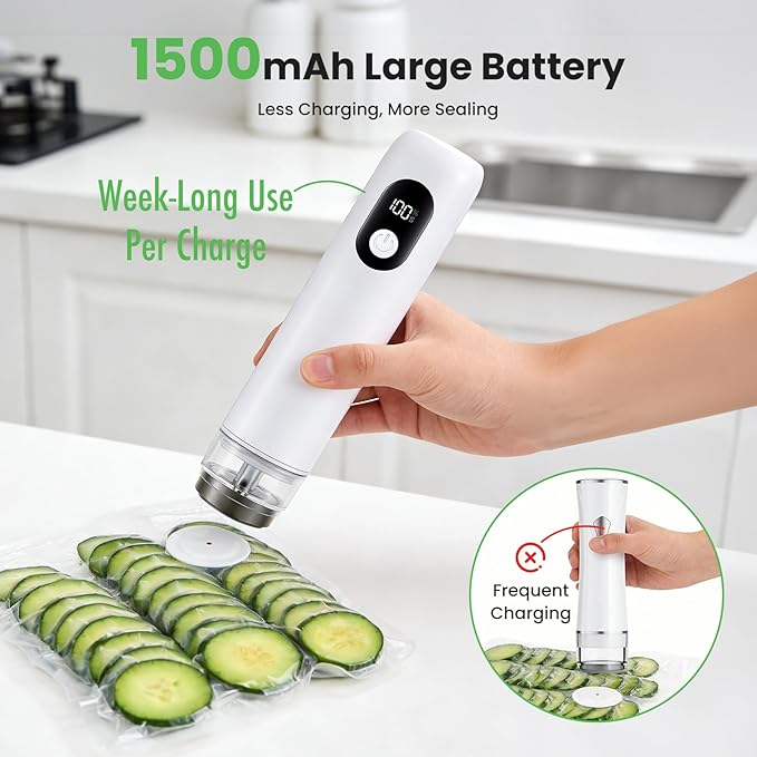 Compact Vacuum Sealer Machine 1500mAh Battery, Handheld Food Sealer with 30 Reusable Bags, 60kPa Suction & USB-C Charging, Portable Vacuum Sealer for Dry/Moist/Canister/Wine