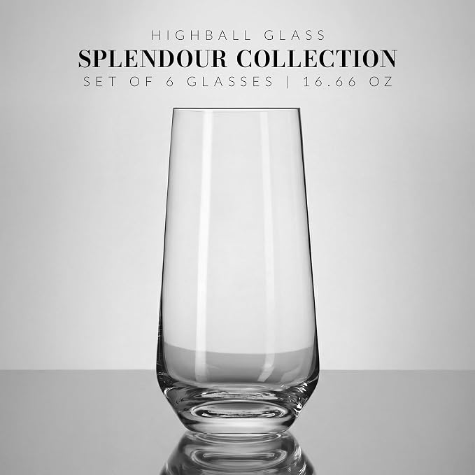 Krosno Tall Water, Juice, Drinking Glasses, Set of 6, 16.2 oz, Splendour Collection, Highball & Tumbler Crystal Glass, Dishwasher Safe, Made in Europe