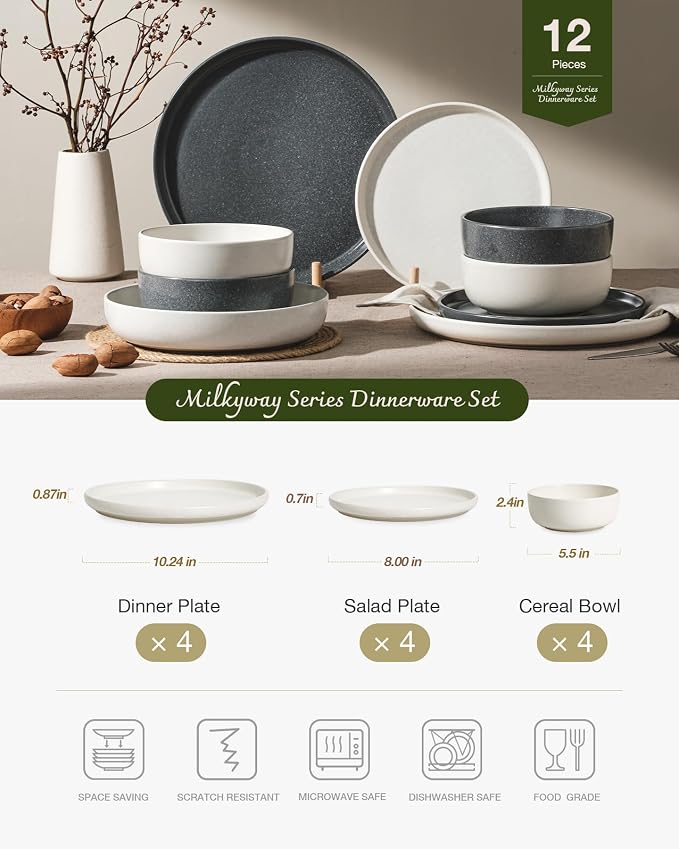 Famiware Milkyway Plates and Bowls Sets, 12 Pieces Dinnerware Sets, Reactive Glaze Dish Set, Stoneware Dishes Set for 4, Matte Beige White & Matte Dark Charcoal