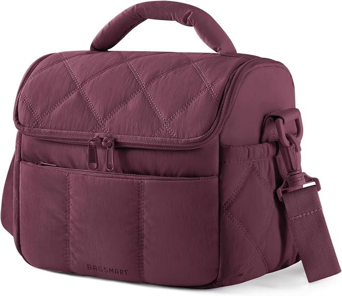 BAGSMART Insulated Lunch Bags for Women, Cute Quilted Lunch Box, Lightweight Puffy Padded Waterproof Lunch Tote, Reusable Lunch Cooler for Work Picnic Travel, Wine Red