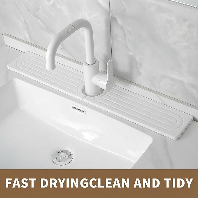 Faucet Mat for Kitchen Sink -Diatomite Stone Drying Mat for Kitchen Counter & Bathroom Sink,Quick-Dry Kitchen Sink Mat-Sink Protector & Splash Guard,Super Absorbent (White, 23.6" x 4")