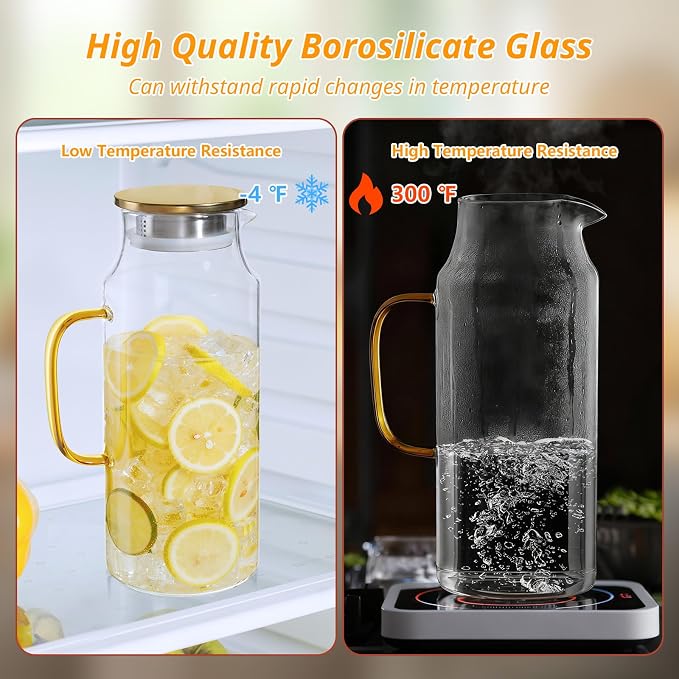 2 Liter 68 oz Glass Pitcher with Lid and Handle, Gold Glass Carafe for Fridge, Water Pitcher for Hot/Cold Water, Large Jug for Iced Tea, Coffee, Juice and Homemade Beverage